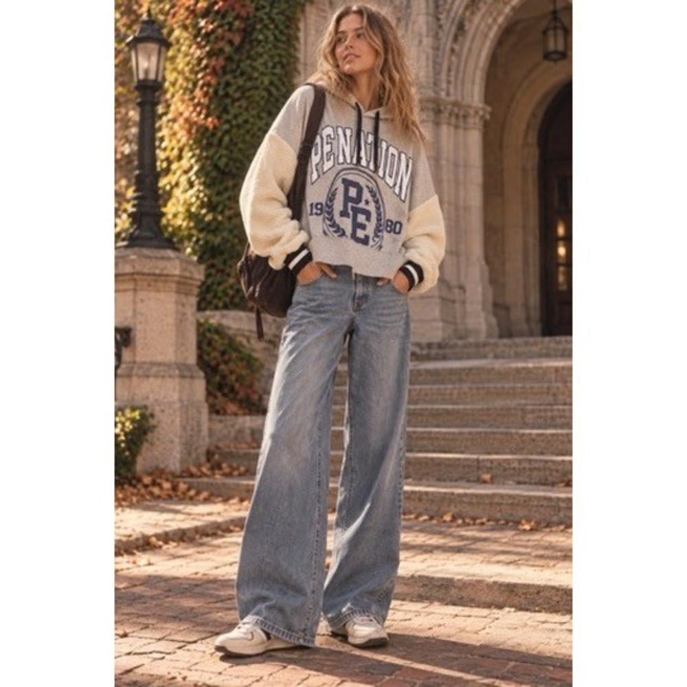 PE Nation Gray Sherpa Sleeve Cropped Hoodie Sweatshirt Womens Small Collegiate